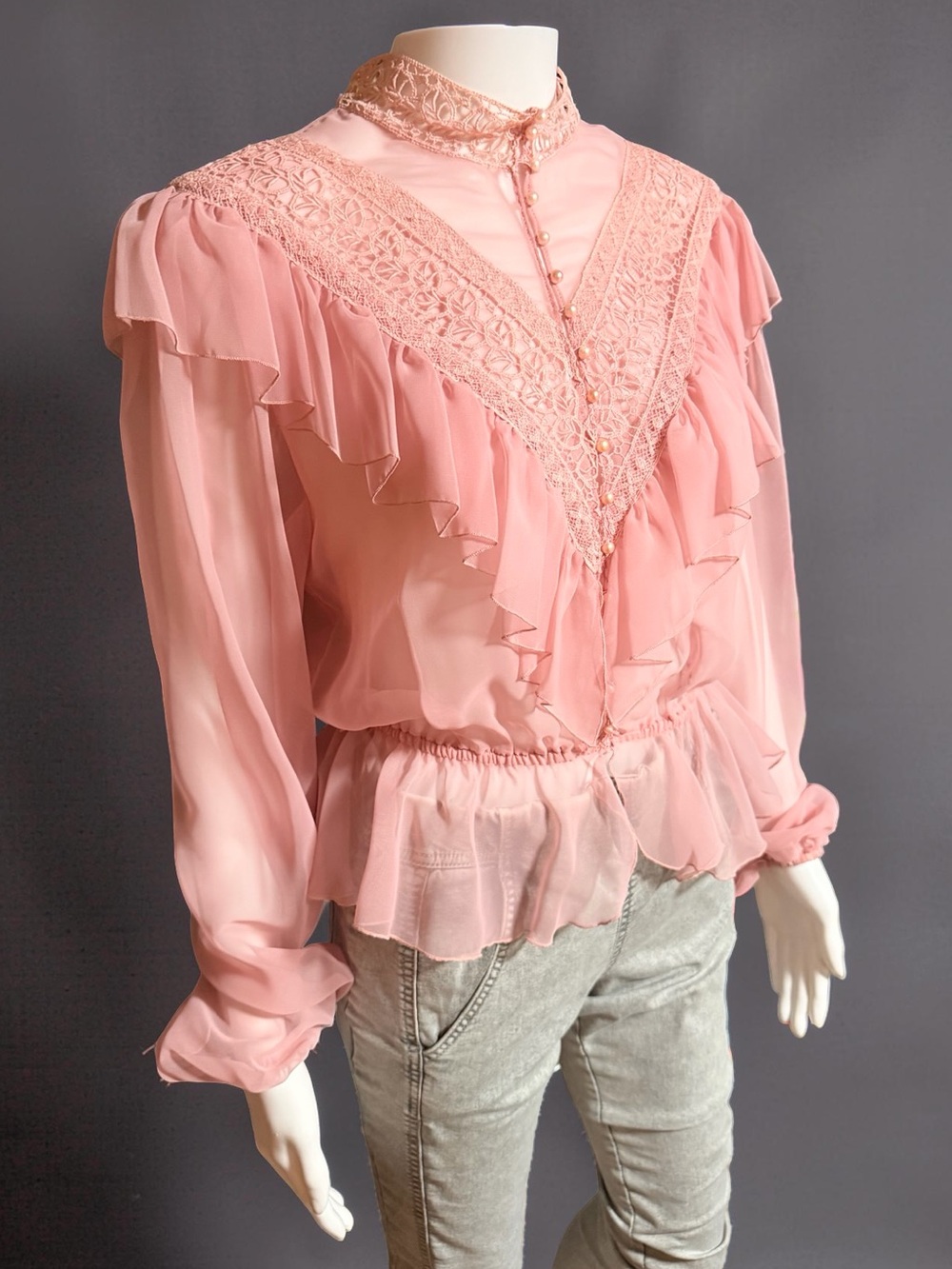 Vintage-Inspired Pink Ruffle Lace Blouse